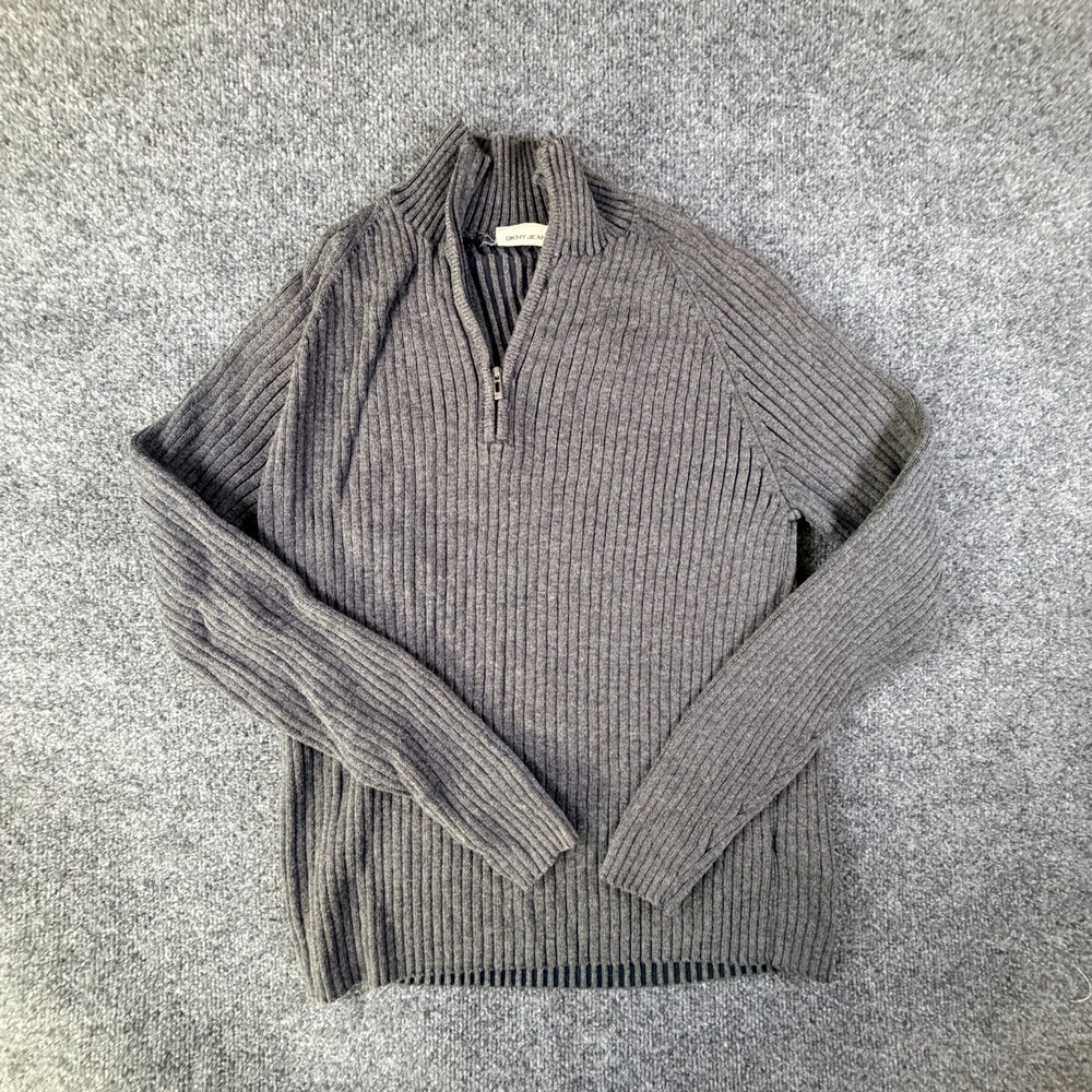 Dkny Jeans Sweater Mens Medium Gray Ribbed Knit‎ Cotton 1/4 Zip Raglan Sleeve